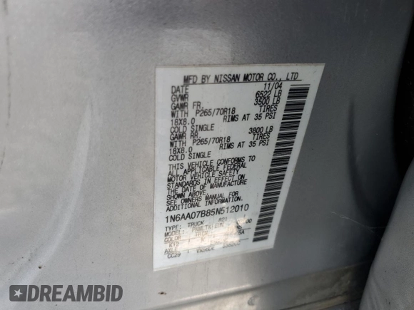 2005 Nissan Titan LE with VIN 1N6AA07B85N512010, listed as a Copart auction lot 73065994 with 267,900 mi miles and Salvage Title. Bid and sale history available at carsss.com. Image 12.