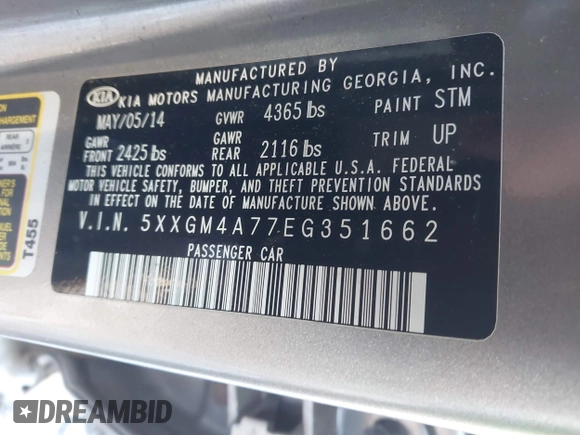 2014 Kia Optima LX with VIN 5XXGM4A77EG351662, listed as a IAAI auction lot 41188778 with 200,199 mi miles. Bid and sale history available at carsss.com. Image 9.