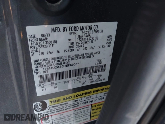 2013 Ford Expedition Limited with VIN 1FMJU2A55DEF69087, listed as a IAAI auction lot 41358721 with 204,243 mi miles and . Bid and sale history available at DreamBid. Image 9.