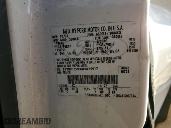 2004 Ford F-150 XL with VIN 1FTRF12WX4NA55917, listed as a Copart auction lot 44209225 with 0 mi miles and Salvage Title. Bid and sale history available at carsss.com. Image 13.