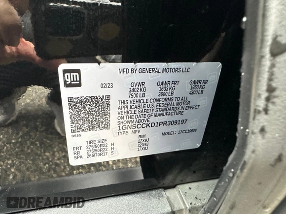 2023 Chevrolet Suburban LT z VIN 1GNSCCKD1PR309197, wystawiony jako Copart lot #62896615 z przebiegiem 184 279 mil mil oraz Czysty tytuł • Clean title. Historia ofert i sprzedaży dostępna na DreamBid. Obrazek 10.