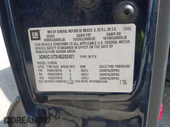 2004 Chevrolet Avalanche с VIN 3GNEC12TX4G202427, выставлен на аукционе IAAI как лот 42051096 с пробегом 152 774 миль миль и . История ставок и продаж доступна на DreamBid. Изображение 9.