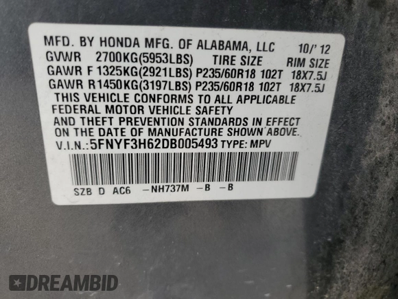 2013 Honda Pilot EX-L with VIN 5FNYF3H62DB005493, listed as a Copart auction lot 42238615 with 189,176 mi miles and Salvage title. Bid and sale history available at DreamBid. Image 15.