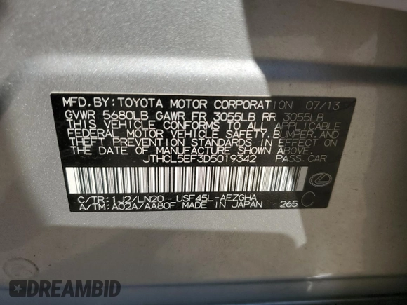 2013 Lexus LS 460 with VIN JTHCL5EF3D5019342, listed as a Copart auction lot 62895325 with 94,160 mi miles and Clean title. Bid and sale history available at DreamBid. Image 12.