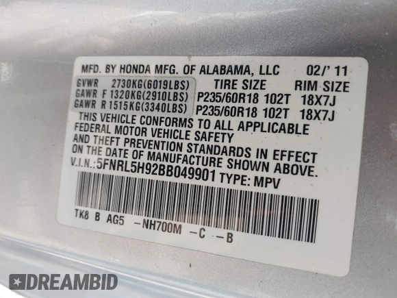 2011 Honda Odyssey Touring with VIN 5FNRL5H92BB049901, listed as a IAAI auction lot 41985224 with 101,957 mi miles and . Bid and sale history available at DreamBid. Image 9.
