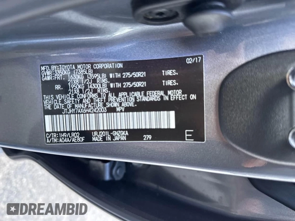 2017 Lexus LX 570 with VIN JTJHY7AX6H4242003, listed as a IAAI auction lot 41761727 with 115,344 mi miles and . Bid and sale history available at DreamBid. Image 9.