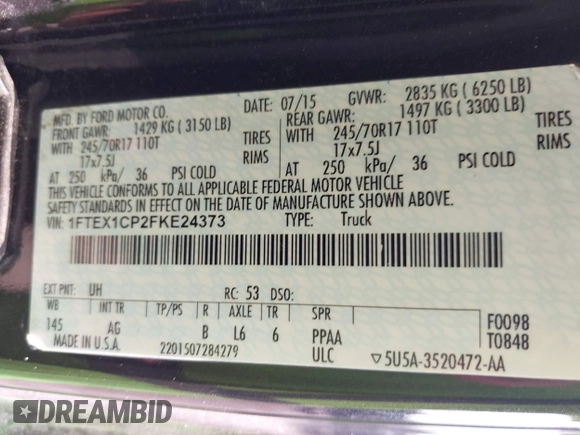 2015 Ford F-150 XL с VIN 1FTEX1CP2FKE24373, выставлен на аукционе IAAI как лот 42806594 с пробегом 132 105 миль миль и . История ставок и продаж доступна на DreamBid. Изображение 9.