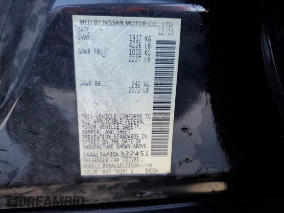 2016 Nissan Altima S with VIN 1N4AL3AP3GN322451, listed as a Copart auction lot 43651615 with 177,677 mi miles and Salvage Title. Bid and sale history available at DreamBid. Image 12.