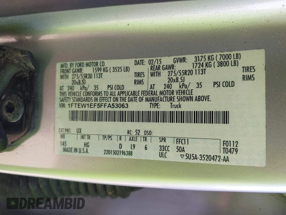 2015 Ford F-150 XLT with VIN 1FTEW1EF5FFA53063, listed as a IAAI auction lot 41779022 with 1,568,851 mi miles and . Bid and sale history available at DreamBid. Image 9.
