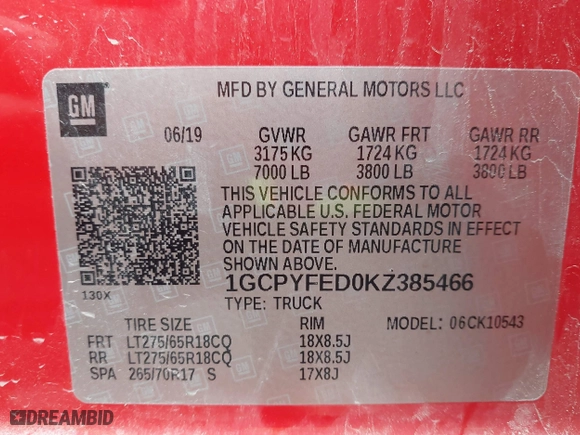 2019 Chevrolet Silverado 1500 LT Trail Boss with VIN 1GCPYFED0KZ385466, listed as a IAAI auction lot 41875935 with 94,762 mi miles. Bid and sale history available at carsss.com. Image 9.