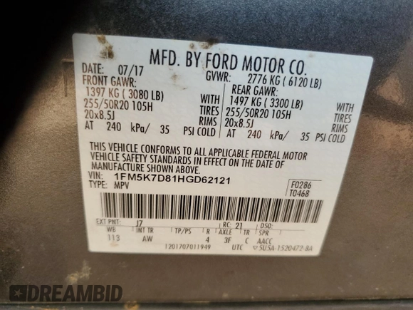 2017 Ford Explorer XLT with VIN 1FM5K7D81HGD62121, listed as a Copart auction lot 53132825 with 63,050 mi miles and Salvage title. Bid and sale history available at DreamBid. Image 15.