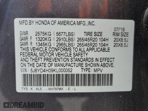 2019 Acura MDX Technology with VIN 5J8YD4H09KL000052, listed as a Copart auction lot 51593225 with 64,457 mi miles and Salvage title. Bid and sale history available at DreamBid. Image 14.