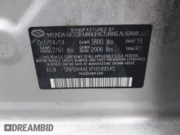 2015 Hyundai Elantra SE with VIN 5NPDH4AEXFH599545, listed as a IAAI auction lot 42017312 with 151,453 mi miles and . Bid and sale history available at DreamBid. Image 9.