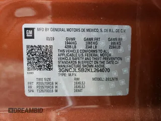 2019 Chevrolet Trax LT with VIN 3GNCJLSB2KL264070, listed as a Copart auction lot 47603775 with 61,393 mi miles and Salvage Title. Bid and sale history available at carsss.com. Image 13.
