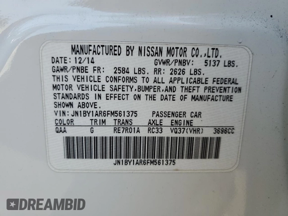 2015 Infiniti Q70 with VIN JN1BY1AR6FM561375, listed as a Copart auction lot 46578795 with 147,080 mi miles and Salvage title. Bid and sale history available at DreamBid. Image 15.