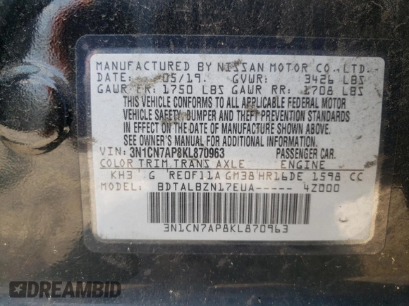 2019 Nissan Versa SV with VIN 3N1CN7AP8KL870963, listed as a Copart auction lot 60633035 with 152,231 mi miles and Salvage title. Bid and sale history available at DreamBid. Image 12.