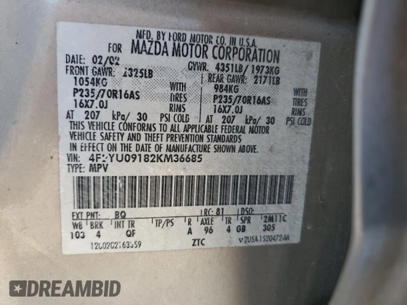 2002 Mazda Tribute LX with VIN 4F2YU09182KM36685, listed as a Copart auction lot 79732664 with 204,262 mi miles and Salvage Title. Bid and sale history available at carsss.com. Image 13.