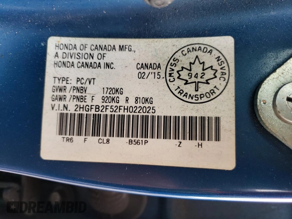 2015 Honda Civic LX z VIN 2HGFB2F52FH022025, wystawiony jako Copart lot #61791635 z przebiegiem Nie podano mil oraz Szkoda całkowita • Salvage title. Historia ofert i sprzedaży dostępna na DreamBid. Obrazek 12.