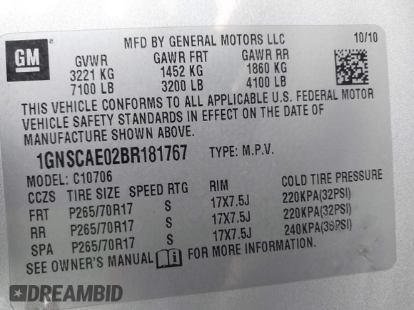 2011 Chevrolet Tahoe LS with VIN 1GNSCAE02BR181767, listed as a IAAI auction lot 42078569 with 212,857 mi miles and . Bid and sale history available at DreamBid. Image 9.
