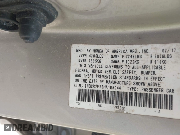 2017 Honda Accord LX with VIN 1HGCR2F33HA168044, listed as a IAAI auction lot 42106704 with 135,882 mi miles. Bid and sale history available at carsss.com. Image 9.