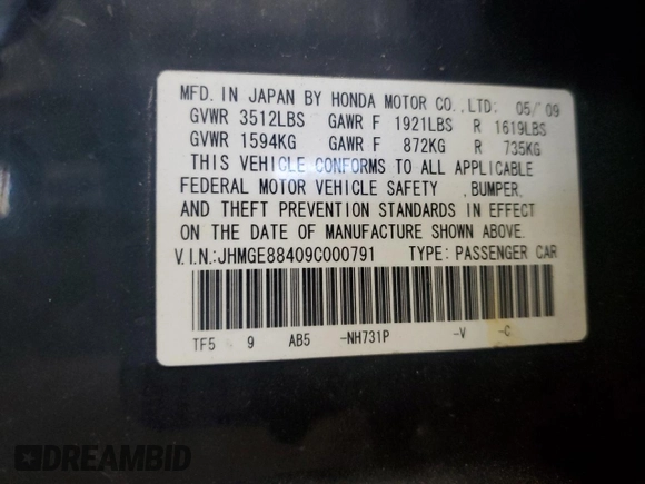 2009 Honda Fit Sport with VIN JHMGE88409C000791, listed as a Copart auction lot 55307845 with 262,524 mi miles and Clean Title. Bid and sale history available at carsss.com. Image 12.