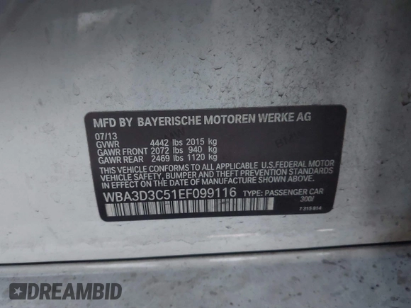 2014 BMW 3 Series 328d with VIN WBA3D3C51EF099116, listed as a IAAI auction lot 42121233 with Not Provided miles and . Bid and sale history available at carsss.com. Image 9.
