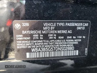 2013 BMW 3 Series 328i xDrive with VIN WBA3B5G57DNS02880, listed as a Copart auction lot 53561335 with 85,989 mi miles and Salvage title. Bid and sale history available at DreamBid. Image 12.