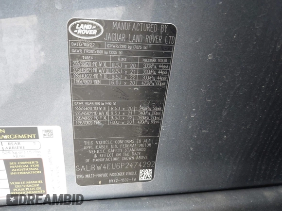 2023 Land Rover Discovery Metropolitan Edition with VIN SALRW4EU6P2474292, listed as a IAAI auction lot 40965688 with 44,144 mi miles. Bid and sale history available at carsss.com. Image 9.