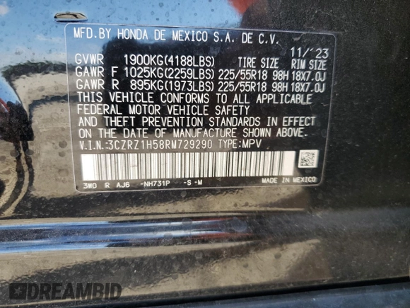 2024 Honda HR-V Sport with VIN 3CZRZ1H58RM729290, listed as a Copart auction lot 50696295 with 7,718 mi miles and Salvage Title. Bid and sale history available at carsss.com. Image 14.