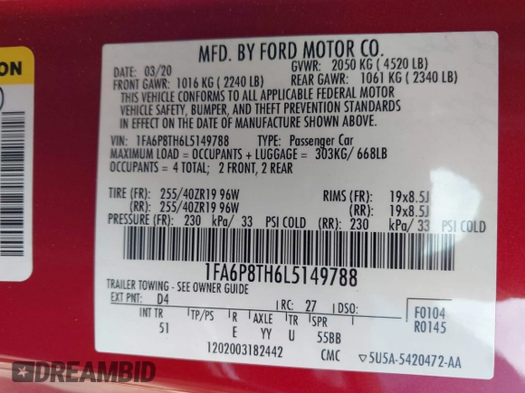 2020 Ford Mustang EcoBoost z VIN 1FA6P8TH6L5149788, wystawiony jako IAAI lot #42179624 z przebiegiem 107 520 mil mil oraz . Historia ofert i sprzedaży dostępna na DreamBid. Obrazek 9.