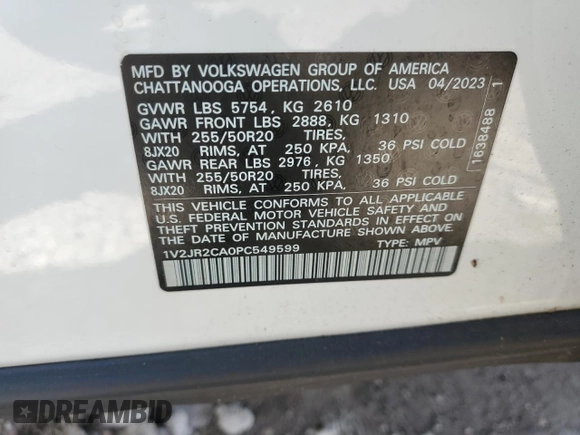 2023 Volkswagen Atlas SE with VIN 1V2JR2CA0PC549599, listed as a Copart auction lot 47189555 with 18,291 mi miles and Non repairable. Bid and sale history available at DreamBid. Image 15.