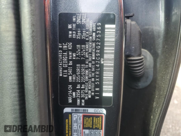 2024 Kia Sorento S с VIN 5XYRL4JC9RG275369, выставлен на аукционе Copart как лот 54662255 с пробегом 47 564 миль миль и Списание • Salvage title. История ставок и продаж доступна на DreamBid. Изображение 13.