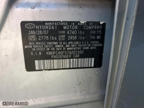 2007 Hyundai Azera SE with VIN KMHFC46F57A201980, listed as a Copart auction lot 74619494 with 0 mi miles and Salvage Title. Bid and sale history available at carsss.com. Image 12.
