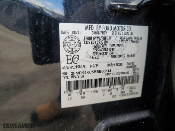 2011 Ford Edge Limited with VIN 2FMDK4KC5BBB68613, listed as a Copart auction lot 53891065 with 237,056 mi miles and Salvage Title. Bid and sale history available at carsss.com. Image 12.