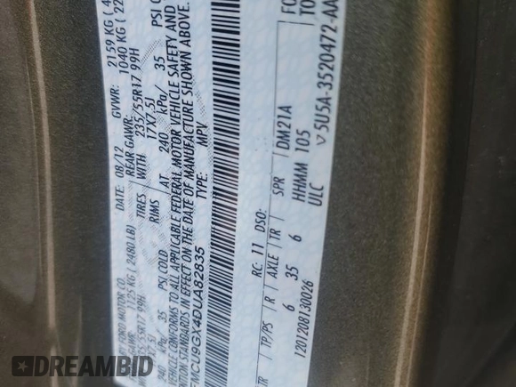 2013 Ford Escape SE с VIN 1FMCU9GX4DUA82835, выставлен на аукционе Copart как лот 58487185 с пробегом Не указан миль и Списание • Salvage title. История ставок и продаж доступна на DreamBid. Изображение 14.