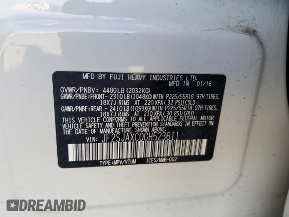 2016 Subaru Forester Touring z VIN JF2SJAXC0GH523611, wystawiony jako Copart lot #57267895 z przebiegiem 145 552 mil mil oraz Szkoda całkowita • Salvage title. Historia ofert i sprzedaży dostępna na DreamBid. Obrazek 14.