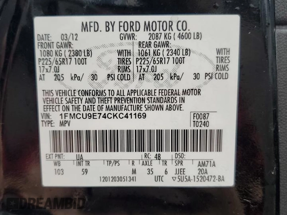 2012 Ford Escape Limited with VIN 1FMCU9E74CKC41169, listed as a Copart auction lot 62715485 with 146,586 mi miles and Salvage title. Bid and sale history available at DreamBid. Image 13.
