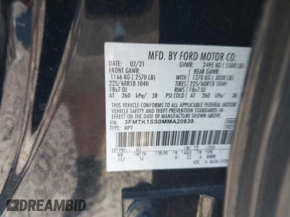 2021 Ford Mustang Mach-E Select with VIN 3FMTK1SS0MMA20839, listed as a IAAI auction lot 41643810 with 39,047 mi miles and . Bid and sale history available at DreamBid. Image 9.