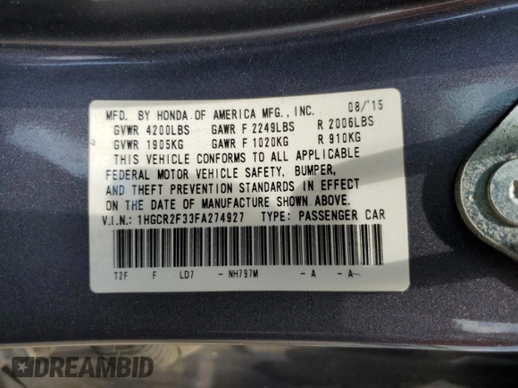 2015 Honda Accord LX with VIN 1HGCR2F33FA274927, listed as a Copart auction lot 54994045 with 144,327 mi miles and Salvage Title. Bid and sale history available at DreamBid. Image 12.