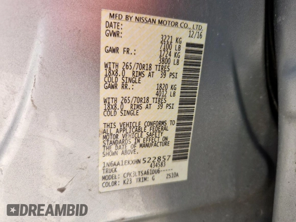 2017 Nissan Titan SV with VIN 1N6AA1EKXHN522857, listed as a Copart auction lot 61134785 with 168,380 mi miles and Salvage title. Bid and sale history available at DreamBid. Image 13.