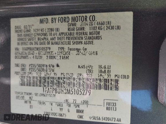 2021 Ford Mustang EcoBoost z VIN 1FATP8UH3M5105279, wystawiony jako IAAI lot #41712821 z przebiegiem 99 760 mil mil oraz . Historia ofert i sprzedaży dostępna na DreamBid. Obrazek 9.
