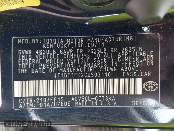 2012 Toyota Camry L with VIN 4T1BF1FK2CU503110, listed as a IAAI auction lot 42114249 with 149,908 mi miles. Bid and sale history available at carsss.com. Image 9.