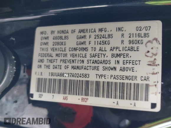 2007 Acura TL with VIN 19UUA66237A024583, listed as a IAAI auction lot 41365833 with 173,081 mi miles. Bid and sale history available at carsss.com. Image 9.