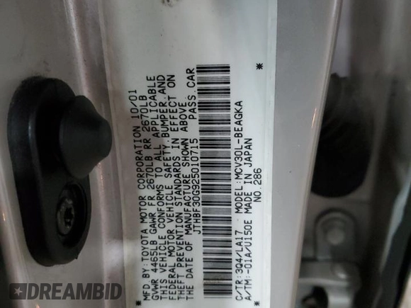 2002 Lexus ES 300 with VIN JTHBF30G925010715, listed as a Copart auction lot 55691895 with 202,913 mi miles and Salvage title. Bid and sale history available at DreamBid. Image 12.