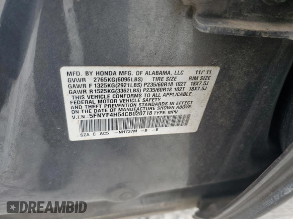 2012 Honda Pilot EX-L with VIN 5FNYF4H54CB020718, listed as a Copart auction lot 56479085 with 188,355 mi miles and Salvage title. Bid and sale history available at DreamBid. Image 13.