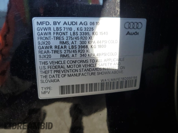2011 Audi Q7 Premium Plus with VIN WA1LMAFE7BD000156, listed as a Copart auction lot 88290975 with 211,111 mi miles and Salvage title. Bid and sale history available at DreamBid. Image 13.