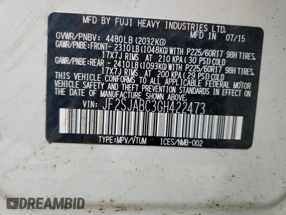 2016 Subaru Forester 2.5i with VIN JF2SJABC3GH422473, listed as a Copart auction lot 52185815 with 77,839 mi miles and Clean title. Bid and sale history available at DreamBid. Image 12.