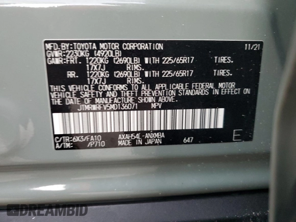 2021 Toyota RAV4 Hybrid XLE with VIN JTMRWRFV5MD136071, listed as a Copart auction lot 76898674 with 33,973 mi miles and Salvage Title. Bid and sale history available at carsss.com. Image 13.