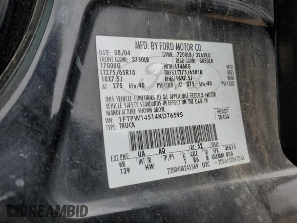 2004 Ford F-150 XLT with VIN 1FTPW14514KD76595, listed as a Copart auction lot 45578595 with 199,768 mi miles and Salvage Title. Bid and sale history available at carsss.com. Image 14.