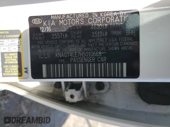 2017 Kia Optima with VIN KNAGT4LE7H5010668, listed as a Copart auction lot 55156335 with 114,747 mi miles and Salvage title. Bid and sale history available at DreamBid. Image 12.